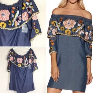 Boston Proper Blue Chambray Embroidered Beaded Ruffle Mini Dress